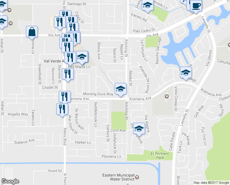 map of restaurants, bars, coffee shops, grocery stores, and more near 25274 Morning Dove Way in Moreno Valley