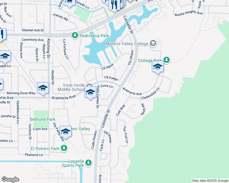 map of restaurants, bars, coffee shops, grocery stores, and more near 16430 Zocalo Place in Moreno Valley