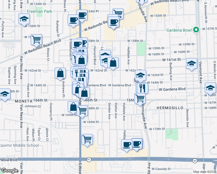 map of restaurants, bars, coffee shops, grocery stores, and more near 1616 West Gardena Boulevard in Gardena