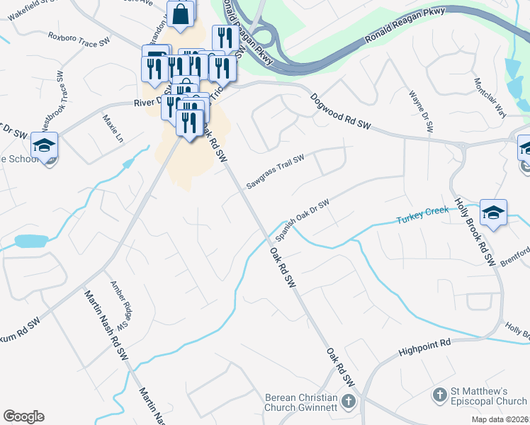 map of restaurants, bars, coffee shops, grocery stores, and more near 1096 Oak Road Southwest in Lilburn