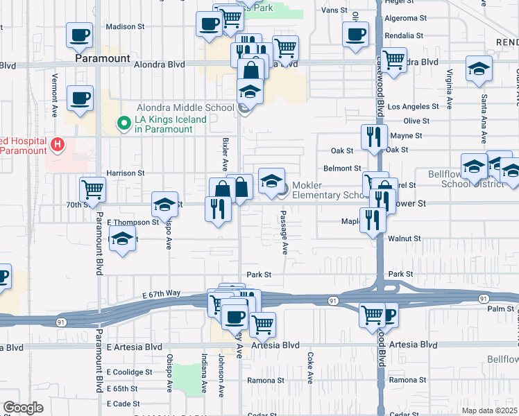 map of restaurants, bars, coffee shops, grocery stores, and more near 8532 Flower Street in Paramount