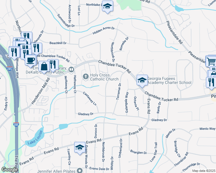 map of restaurants, bars, coffee shops, grocery stores, and more near 3167 Northbrook Drive in Atlanta