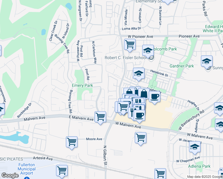 map of restaurants, bars, coffee shops, grocery stores, and more near 1026 Creekside Drive in Fullerton