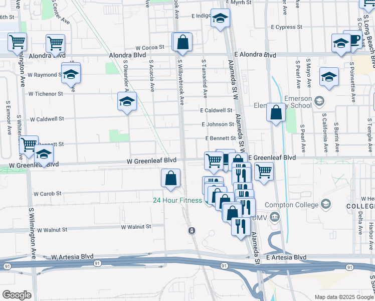 map of restaurants, bars, coffee shops, grocery stores, and more near 1516 South Willowbrook Avenue in Compton