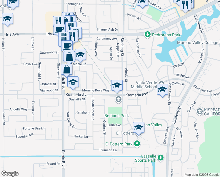 map of restaurants, bars, coffee shops, grocery stores, and more near 25274 Morning Dove Way in Moreno Valley