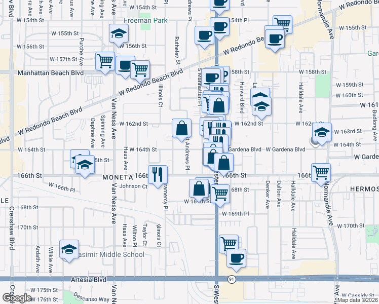 map of restaurants, bars, coffee shops, grocery stores, and more near 1866 West Gardena Boulevard in Gardena