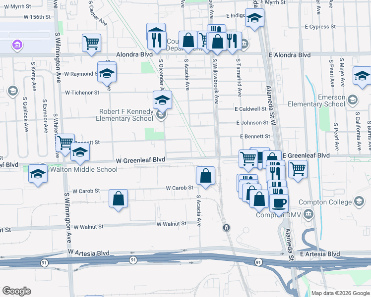 map of restaurants, bars, coffee shops, grocery stores, and more near 1508 South Acacia Avenue in Compton