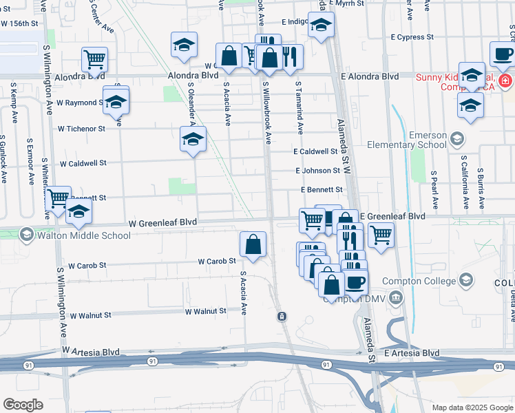 map of restaurants, bars, coffee shops, grocery stores, and more near 109 West Glencoe Street in Compton