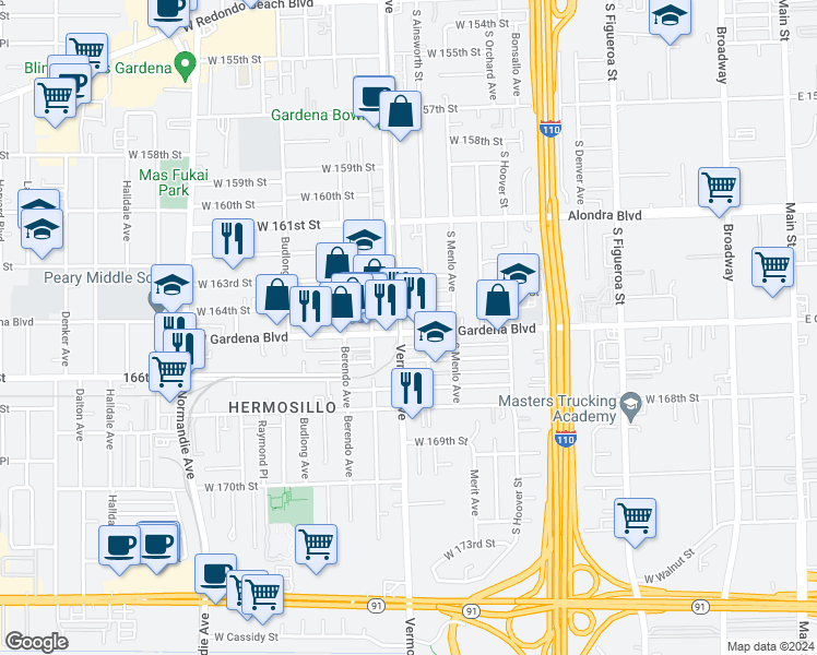 map of restaurants, bars, coffee shops, grocery stores, and more near 1003 West Gardena Boulevard in Gardena