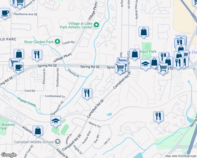 map of restaurants, bars, coffee shops, grocery stores, and more near 605 Countryside Place in Smyrna