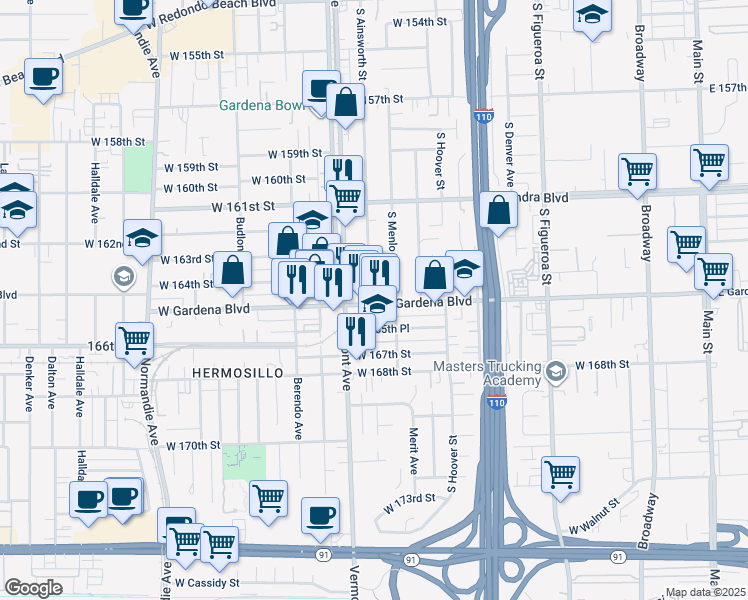 map of restaurants, bars, coffee shops, grocery stores, and more near 825 West Gardena Boulevard in Gardena