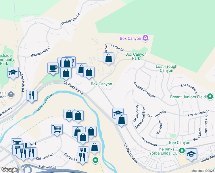 map of restaurants, bars, coffee shops, grocery stores, and more near 5460 Copper Canyon Road in Yorba Linda