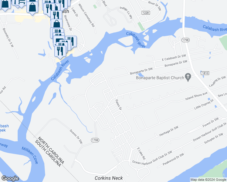 map of restaurants, bars, coffee shops, grocery stores, and more near 9214 Hutton Heights Way Southwest in Calabash
