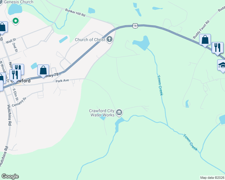 map of restaurants, bars, coffee shops, grocery stores, and more near 696-836 Water Works Road in Crawford
