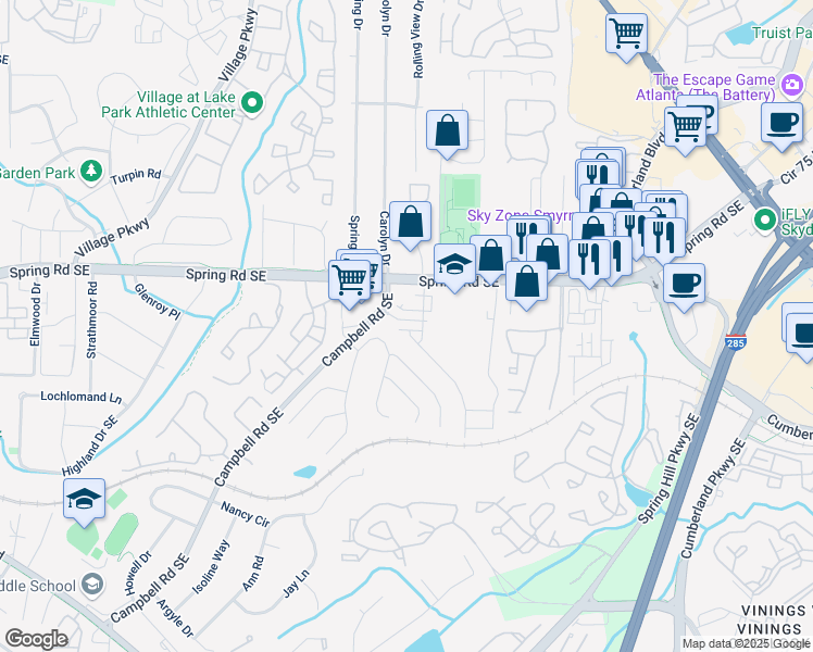 map of restaurants, bars, coffee shops, grocery stores, and more near 2520 Mountain Ash Lane in Smyrna
