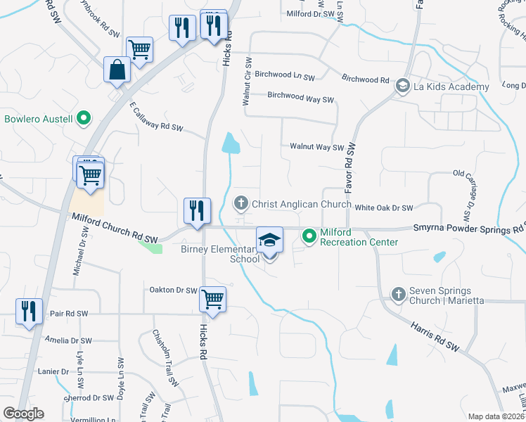 map of restaurants, bars, coffee shops, grocery stores, and more near 2948 Montview Drive Southwest in Marietta