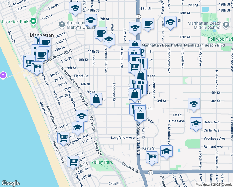 map of restaurants, bars, coffee shops, grocery stores, and more near 501 Anderson Street in Manhattan Beach