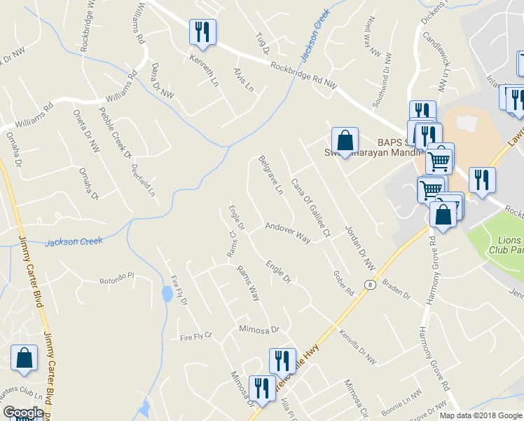 map of restaurants, bars, coffee shops, grocery stores, and more near 720 Belgrave Lane in Tucker