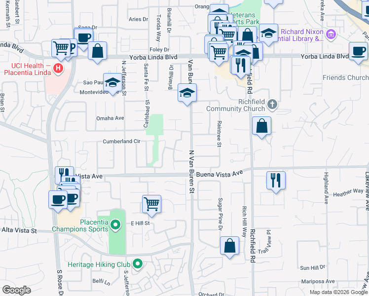 map of restaurants, bars, coffee shops, grocery stores, and more near 1559 Everglade Circle in Placentia