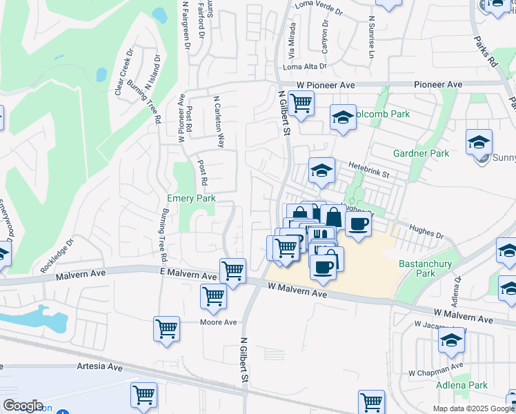 map of restaurants, bars, coffee shops, grocery stores, and more near 1024 Creekside Drive in Fullerton