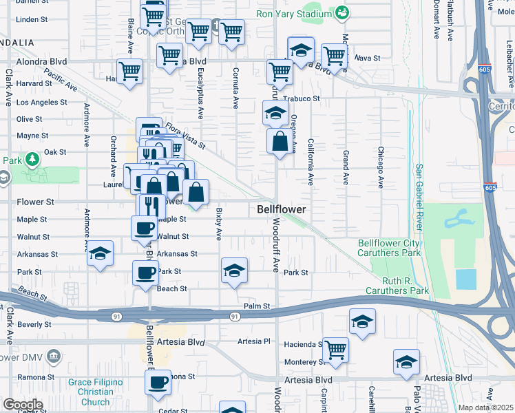 map of restaurants, bars, coffee shops, grocery stores, and more near 10056 Flower Street in Bellflower