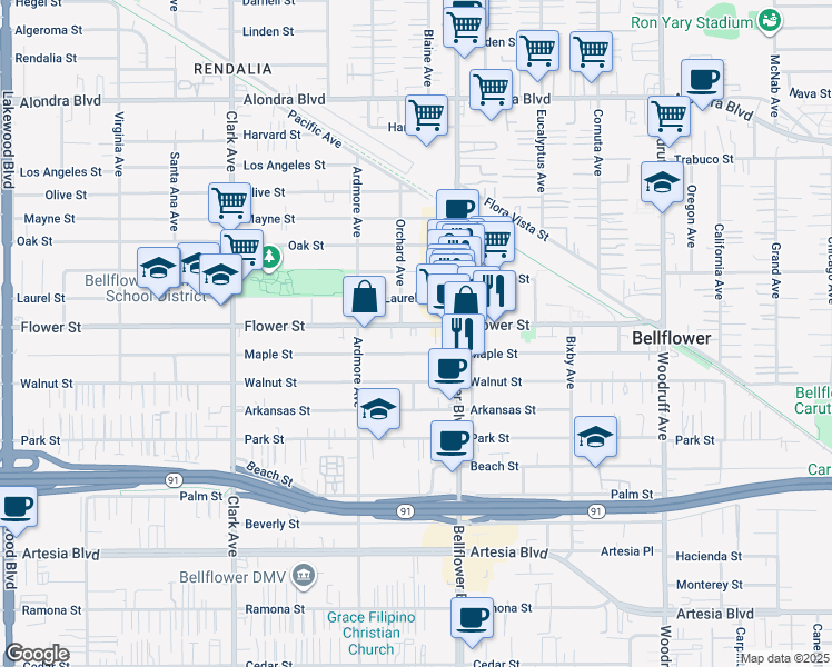 map of restaurants, bars, coffee shops, grocery stores, and more near 9700-9746 Flower Street in Bellflower