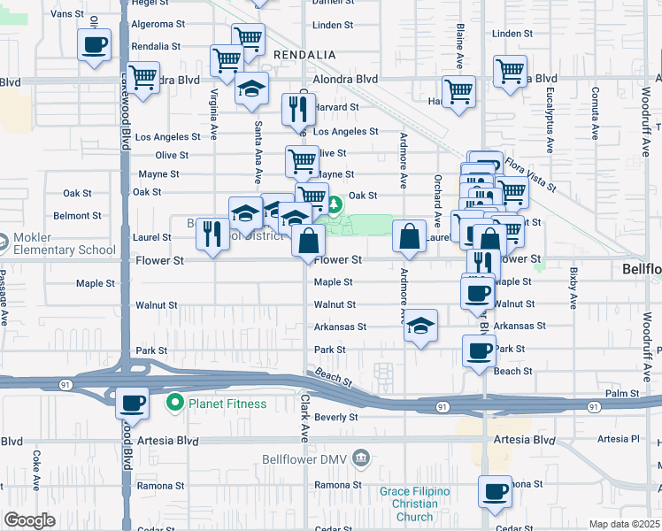 map of restaurants, bars, coffee shops, grocery stores, and more near 9438 Flower Street in Bellflower