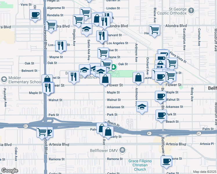 map of restaurants, bars, coffee shops, grocery stores, and more near in Bellflower