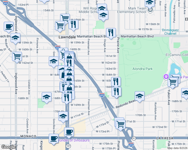 map of restaurants, bars, coffee shops, grocery stores, and more near 16318 Freeman Avenue in Lawndale