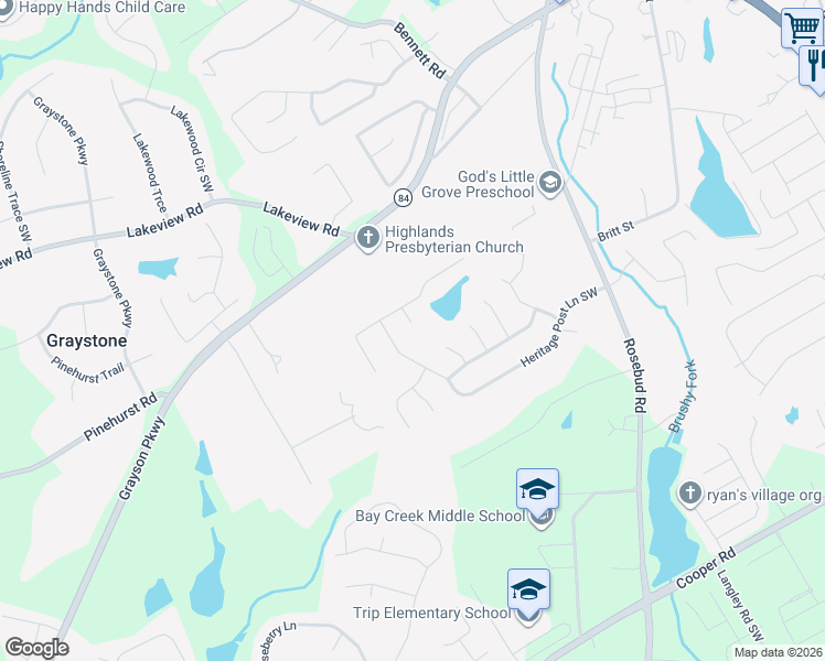 map of restaurants, bars, coffee shops, grocery stores, and more near 2593 Heritage Lake Cove Lane in Grayson
