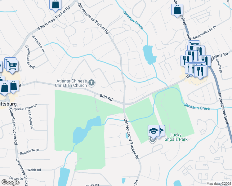 map of restaurants, bars, coffee shops, grocery stores, and more near 900 Coach House Drive in Tucker
