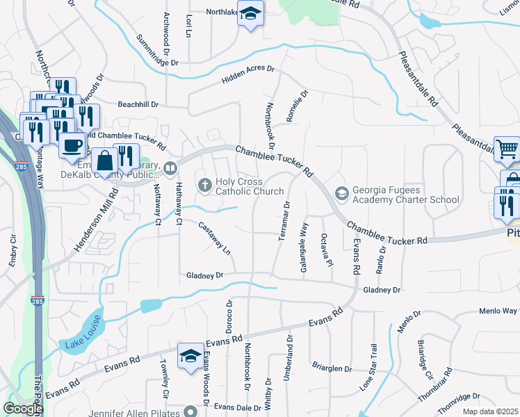 map of restaurants, bars, coffee shops, grocery stores, and more near 3167 Northbrook Drive in Atlanta