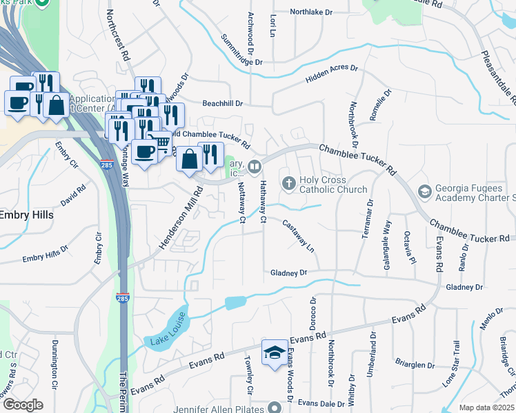 map of restaurants, bars, coffee shops, grocery stores, and more near 3160 Hathaway Court in Atlanta