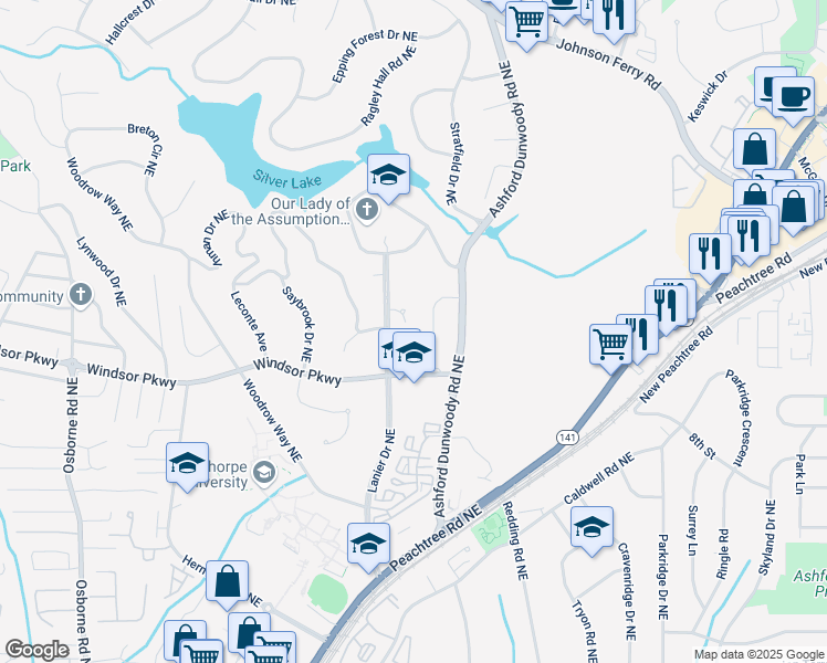 map of restaurants, bars, coffee shops, grocery stores, and more near 1412 Lanier Manor in Atlanta