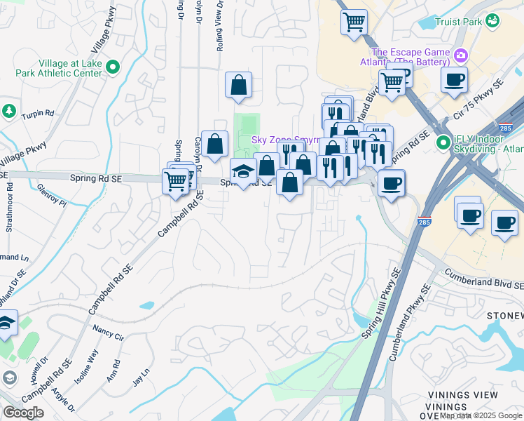 map of restaurants, bars, coffee shops, grocery stores, and more near 2908 Woodruff Drive Southeast in Smyrna