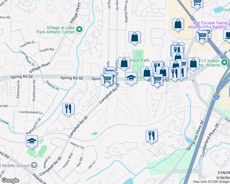 map of restaurants, bars, coffee shops, grocery stores, and more near 1148 Drewsbury Court Southeast in Smyrna