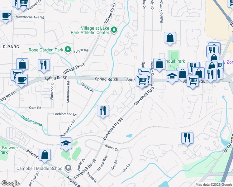 map of restaurants, bars, coffee shops, grocery stores, and more near 605 Countryside Place in Smyrna