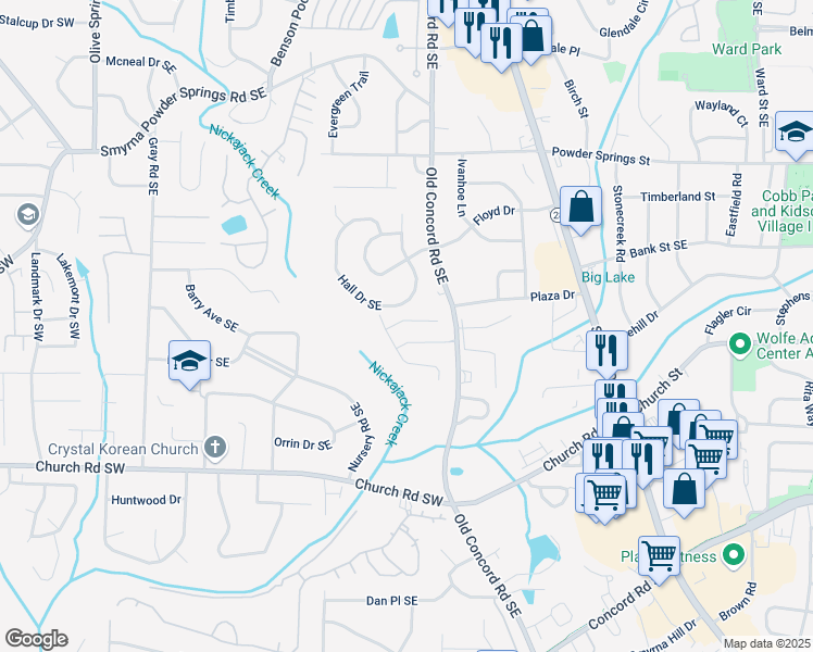 map of restaurants, bars, coffee shops, grocery stores, and more near 1100 Magnolia Way Southeast in Smyrna