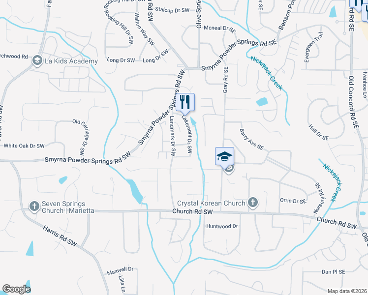 map of restaurants, bars, coffee shops, grocery stores, and more near 111 Jennifer Lane Southwest in Marietta