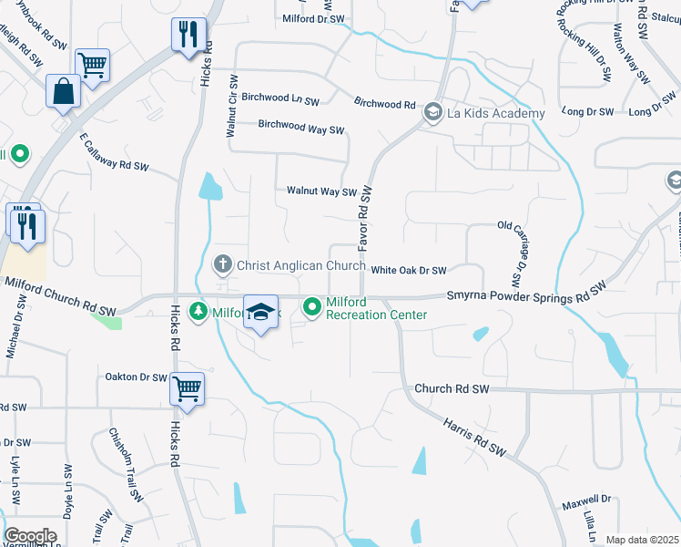 map of restaurants, bars, coffee shops, grocery stores, and more near 2938 Favor Road Southwest in Marietta