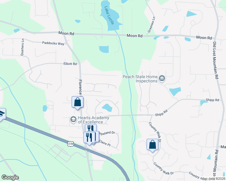 map of restaurants, bars, coffee shops, grocery stores, and more near 5069 Glendora Drive in Powder Springs