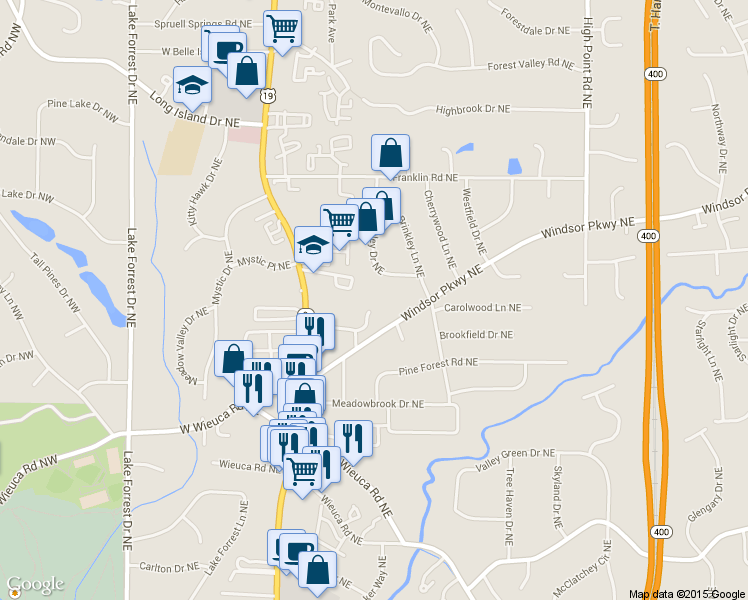 map of restaurants, bars, coffee shops, grocery stores, and more near 4615 Windsor Park Place Northeast in Atlanta