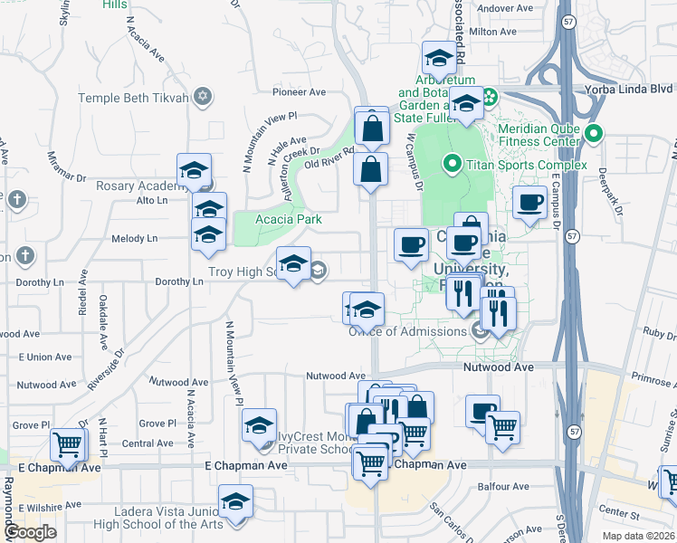 map of restaurants, bars, coffee shops, grocery stores, and more near 1207 Sycamore Avenue in Fullerton