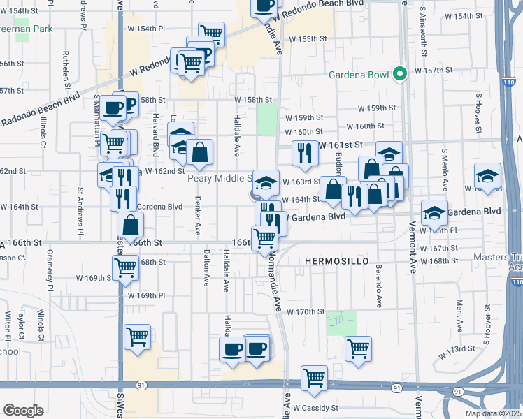 map of restaurants, bars, coffee shops, grocery stores, and more near 1418 West Gardena Boulevard in Gardena