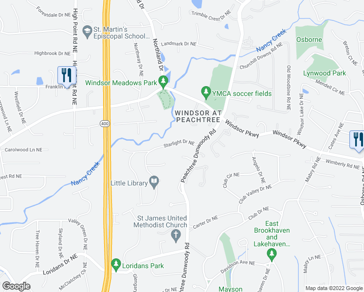 map of restaurants, bars, coffee shops, grocery stores, and more near 895 Starlight Drive Northeast in Atlanta