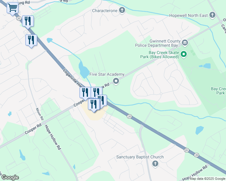 map of restaurants, bars, coffee shops, grocery stores, and more near 89 Ozora Road in Loganville