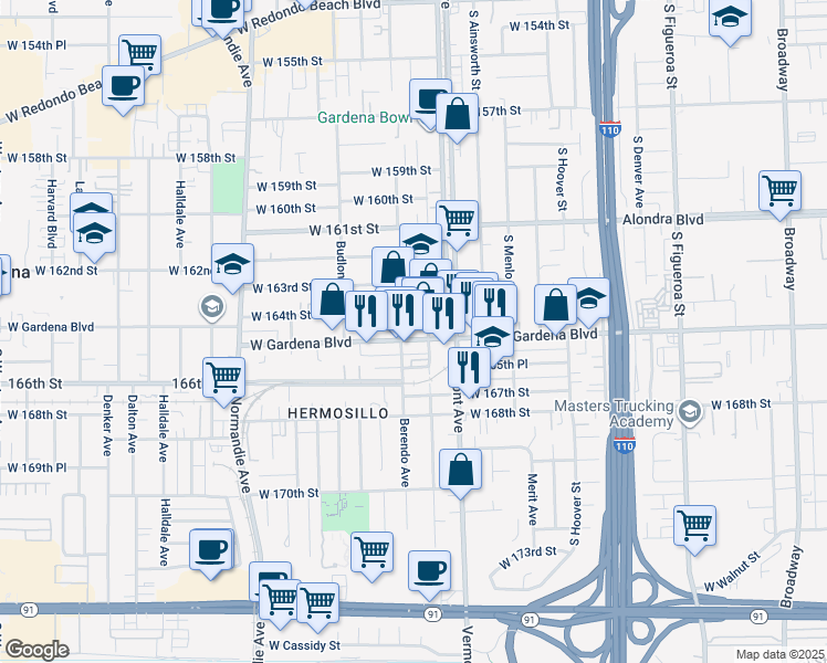 map of restaurants, bars, coffee shops, grocery stores, and more near 1045 West Gardena Boulevard in Gardena