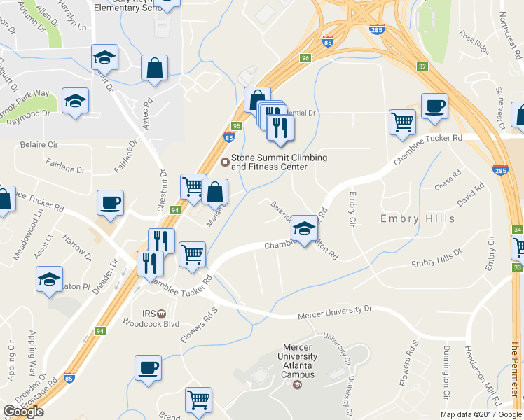 map of restaurants, bars, coffee shops, grocery stores, and more near 3222 Barkside Court in Chamblee