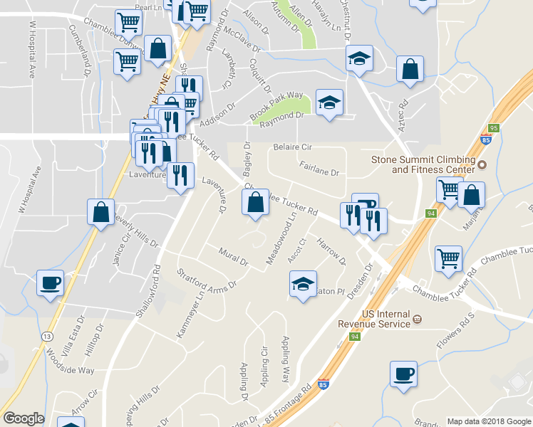 map of restaurants, bars, coffee shops, grocery stores, and more near 2651 Meadow Court in Chamblee