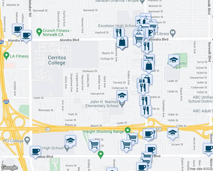 map of restaurants, bars, coffee shops, grocery stores, and more near 16412 Gard Avenue in Norwalk